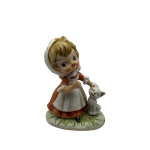 Vintage Homco Ceramic Figurine Girl In Bonnet With Cat Hand Painted Collectible